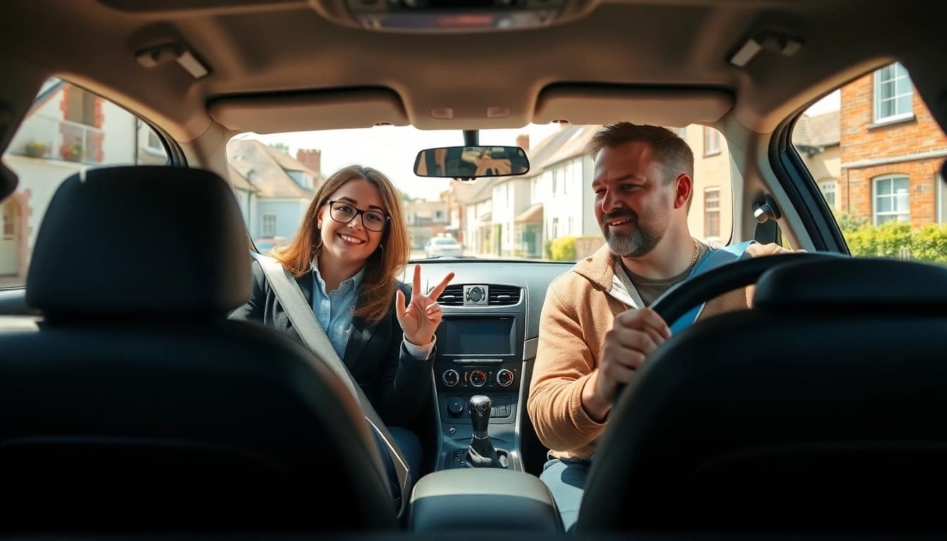 Engaged student in driving lesson Bury St Edmunds with instructor in a modern car.
