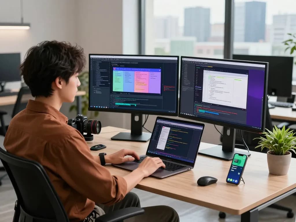 Developer utilizing open claw personal AI assistant in a modern tech workspace with dual monitors, smartphone notifications, and natural light.