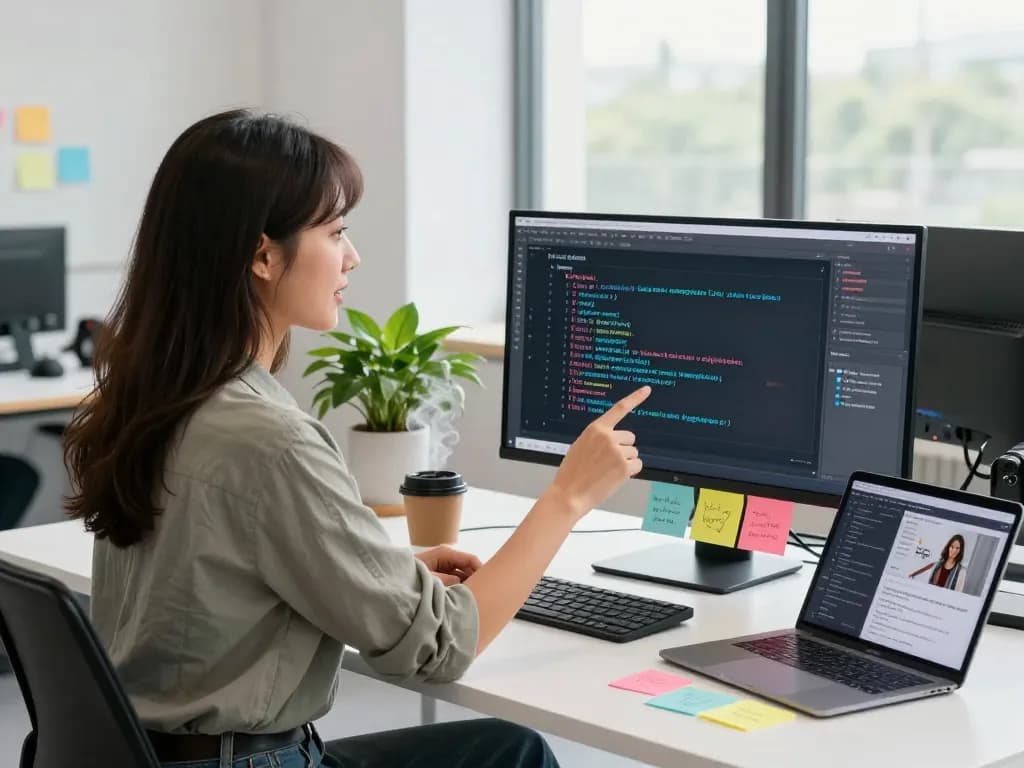 Youthful woman generating AI prompts from images in a modern tech workspace using an image to prompt tool.