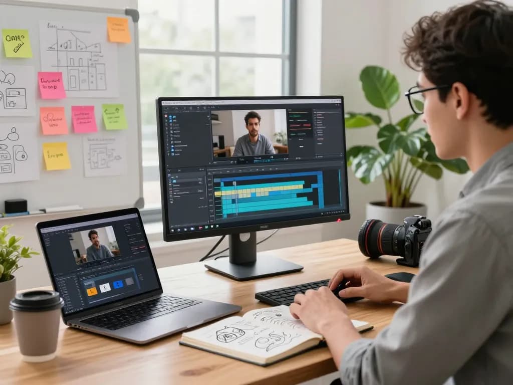 Professional analyzing video to prompt AI generator in a modern workspace
