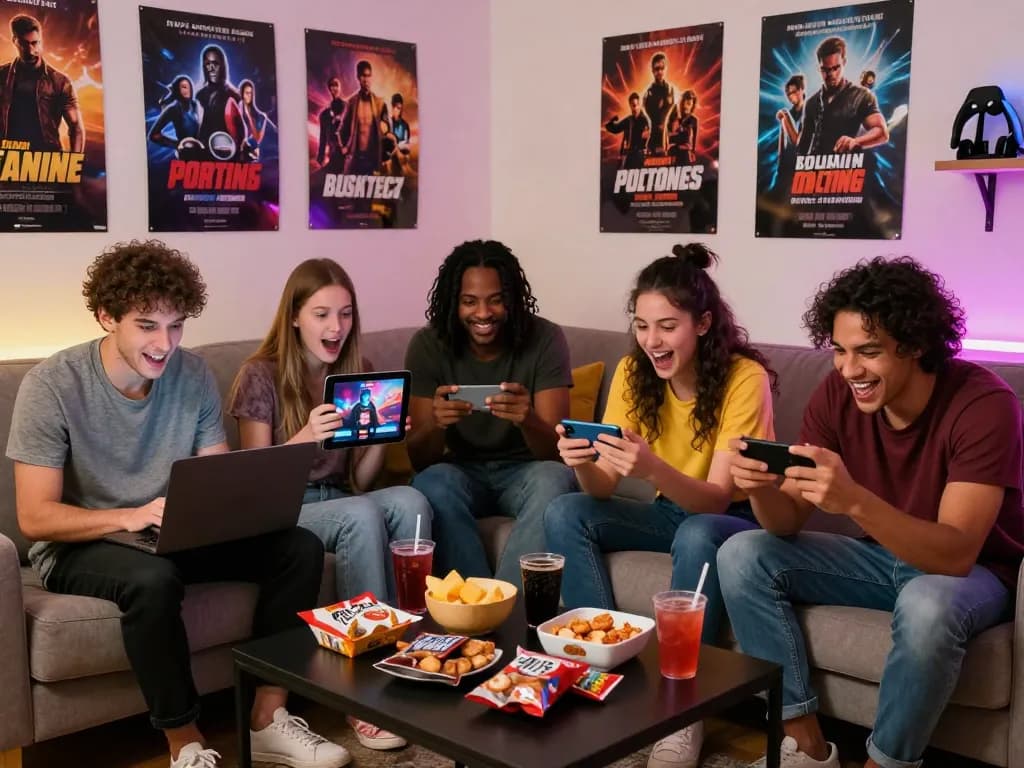 Friends enjoying free porn games on various devices in a cozy living room.