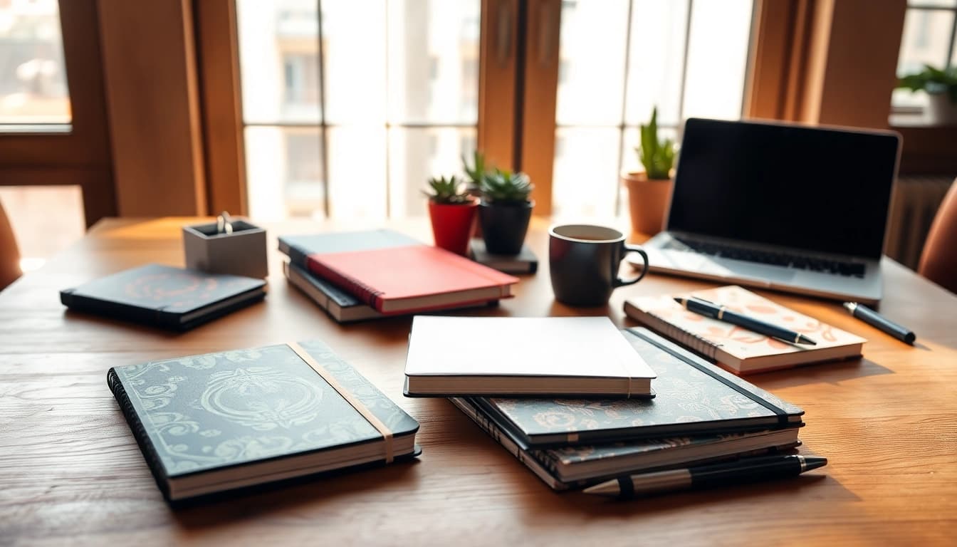 Explore custom printed notebooks with unique designs on an elegant wooden desk setting.