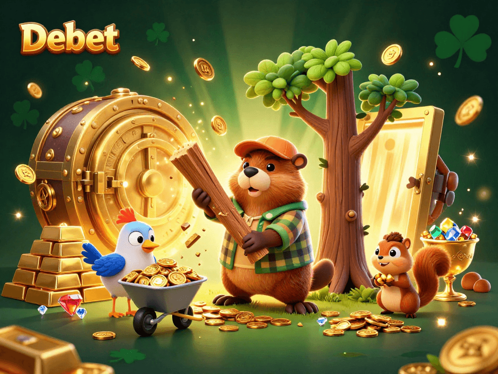 Experience thrilling wins at Debet with a vibrant 3D casino illustration of playful characters collecting golden coins.