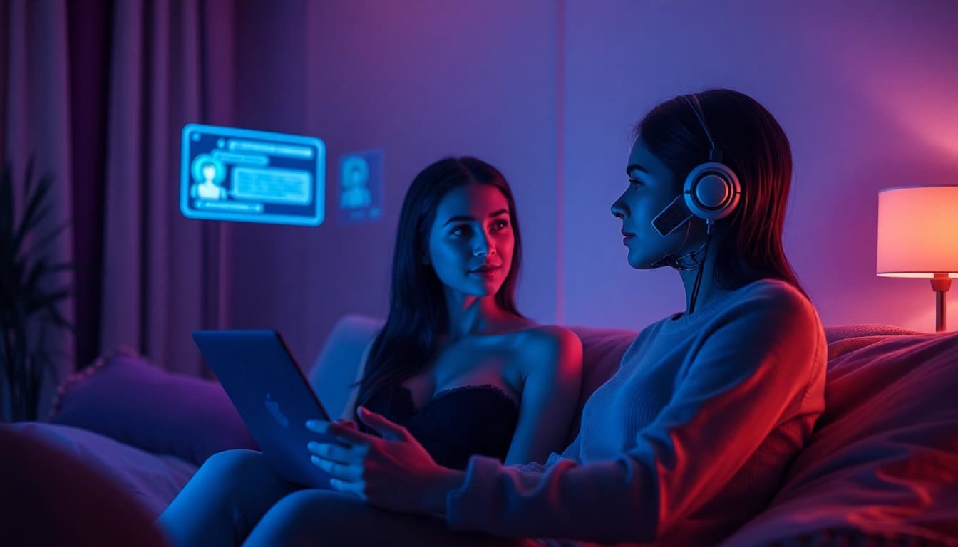 AI sex chat scene with two digital characters sharing intimate conversation in a cozy, modern setting.