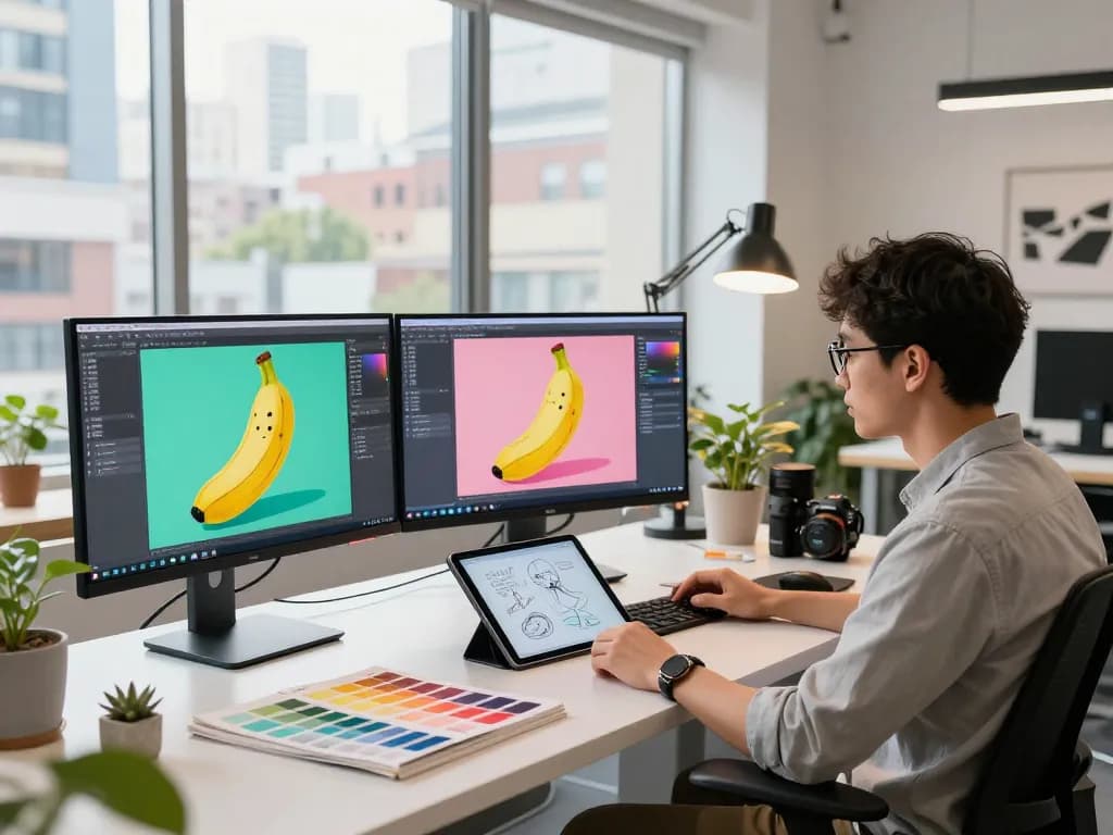 Designer utilizing the nano banana 2 AI image editing model in a vibrant digital art studio