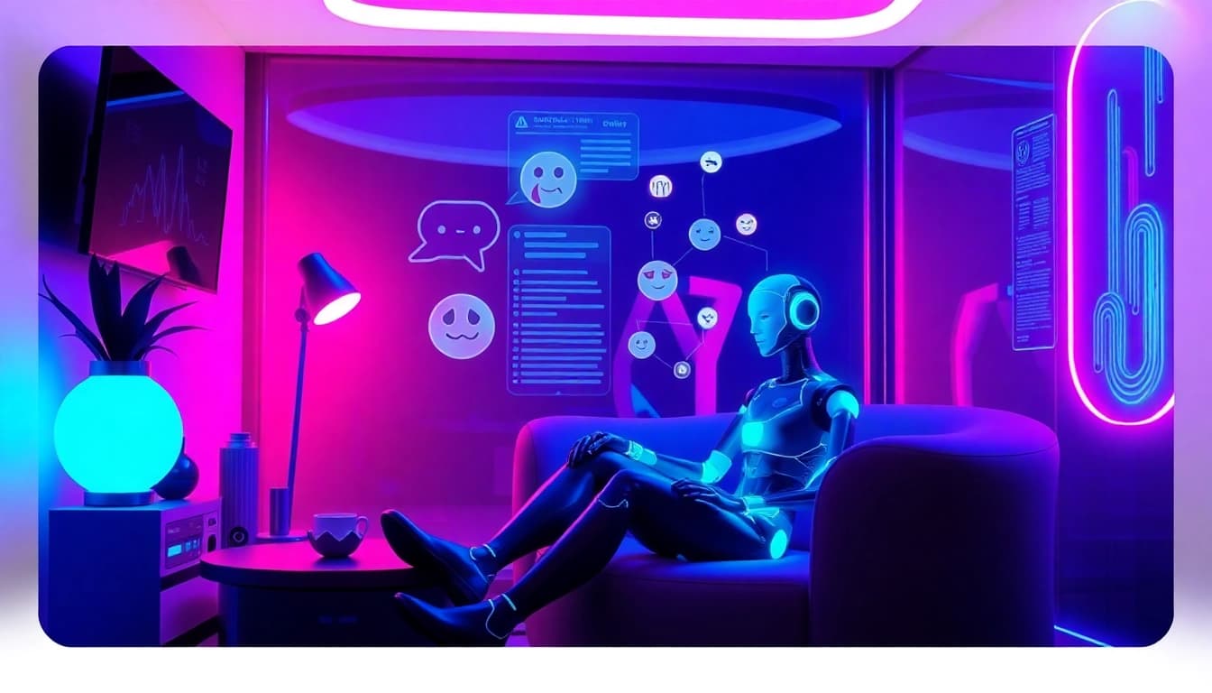Engaging scene depicting intimate ai sex chat in a futuristic virtual lounge with a friendly AI character.