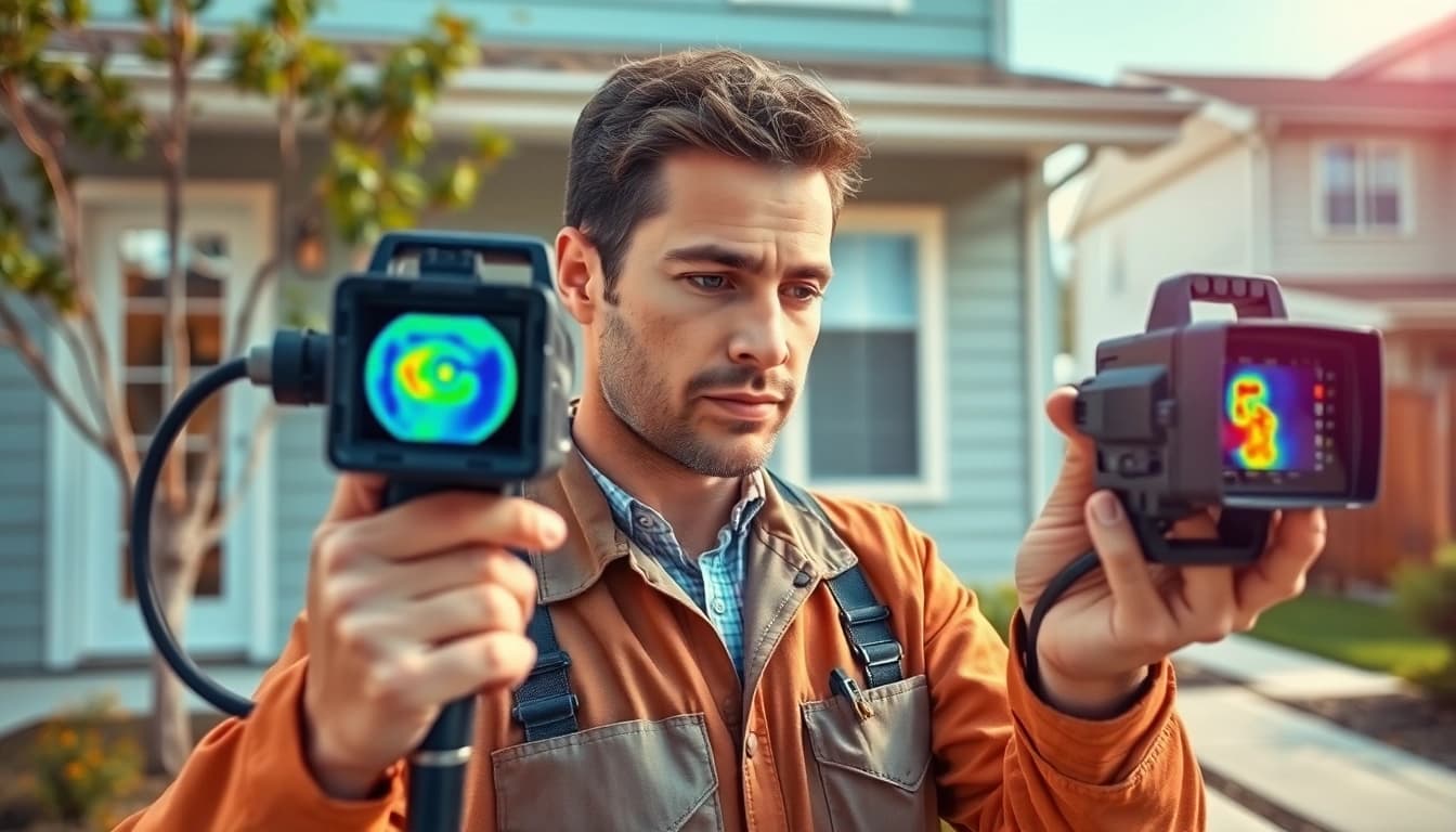 Underground leak detection by a technician using thermal imaging technology to identify hidden leaks.