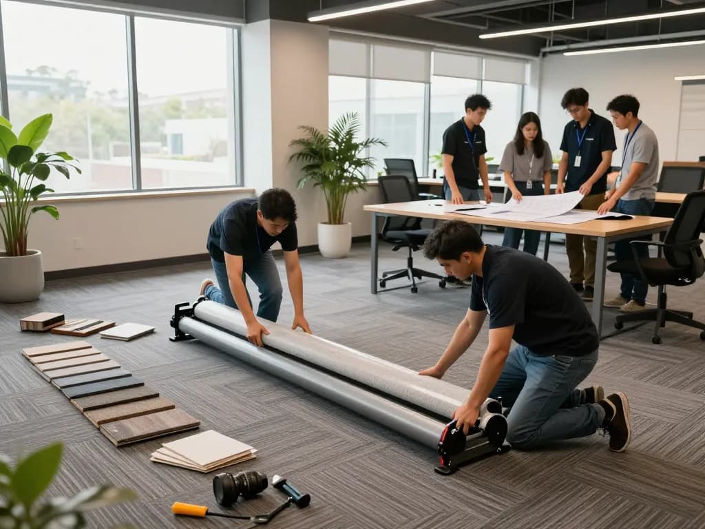 Commercial carpet installation team laying durable carpet tiles in a bright office space.
