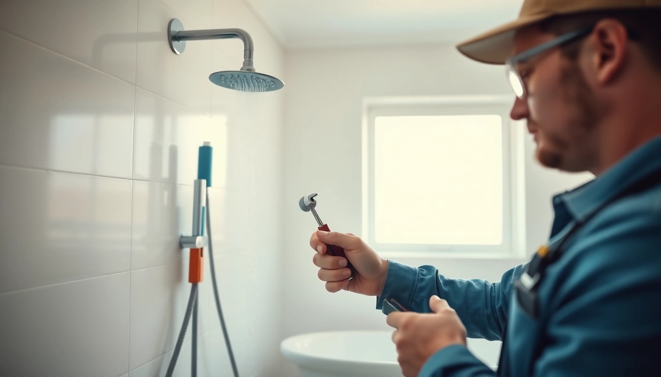 Inspecting a shower not working thoroughly in a modern bathroom setting.