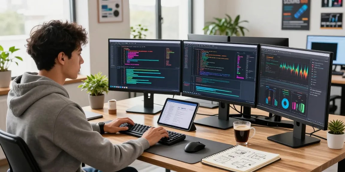 Software engineer coding at a modern standing desk, surrounded by multiple monitors, capturing the spirit of https://ieee.org.uk in a tech workspace.