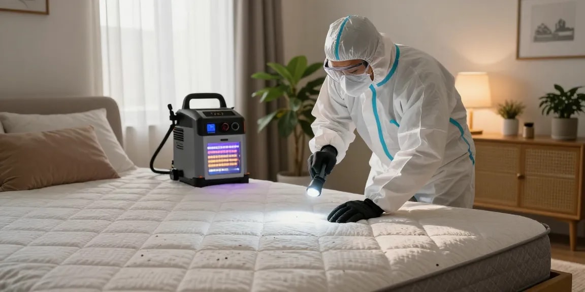 Expert bed bug pest control being performed in a cozy bedroom with an exterminator inspecting seams