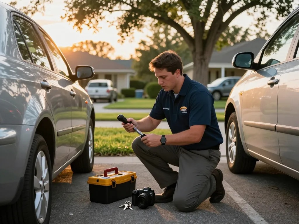 Mobile locksmith Stuart responding to a lockout emergency in a suburban setting, showcasing quick and professional service.