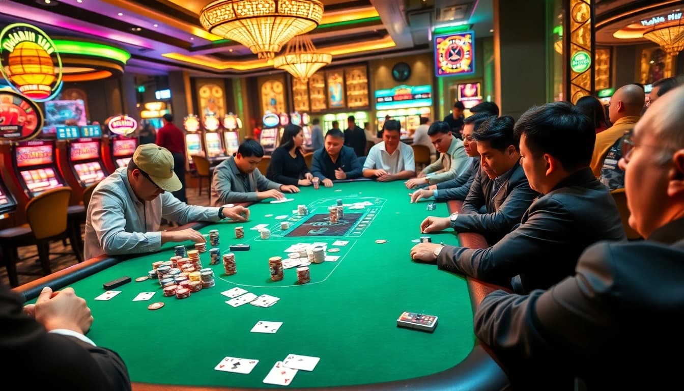 Experience the thrill of game bài đổi thưởng at a lively casino poker table filled with intense players and vibrant slot machines.