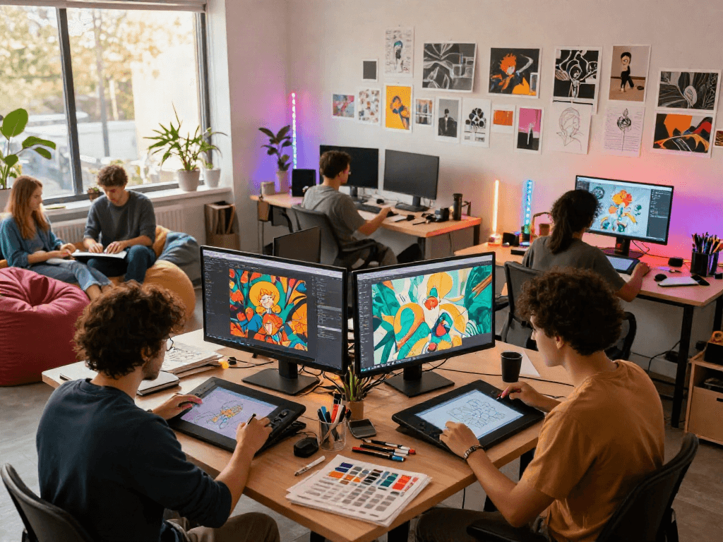 Artist creating vibrant NSFW AI illustrations in a collaborative studio