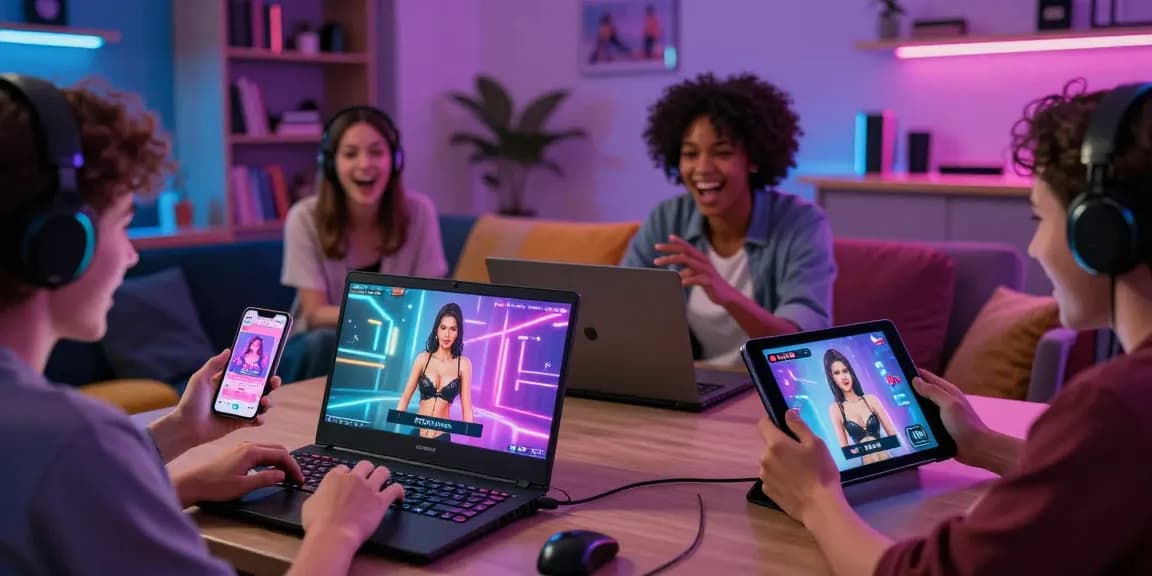 Adults engaged in real porn game activities on various devices in an interactive gaming room setting.