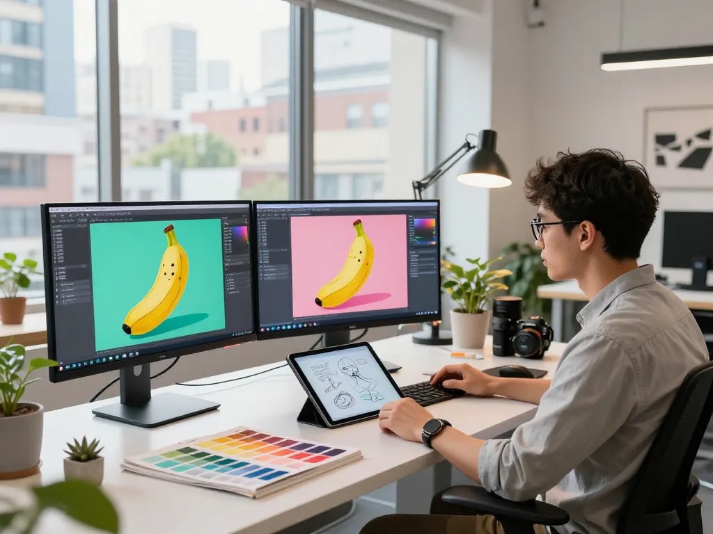 Designer utilizing the nano banana 2 AI image editing model in a vibrant digital art studio