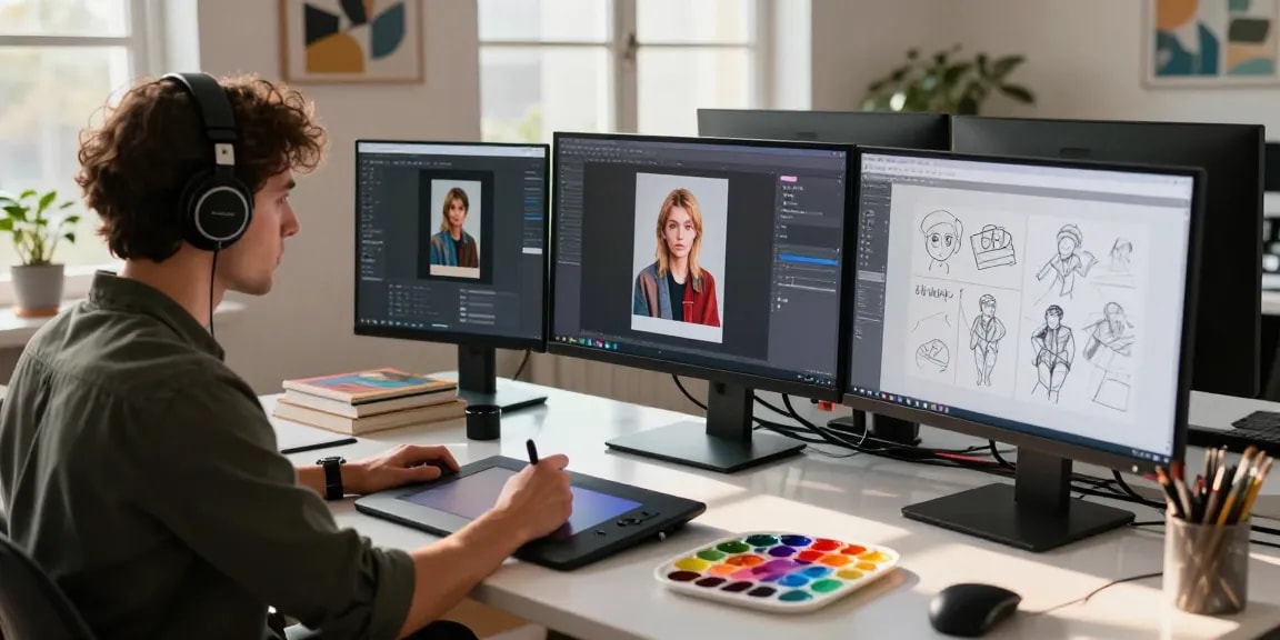 Digital artist using image to prompt generator in a creative workspace with vibrant art and technology.