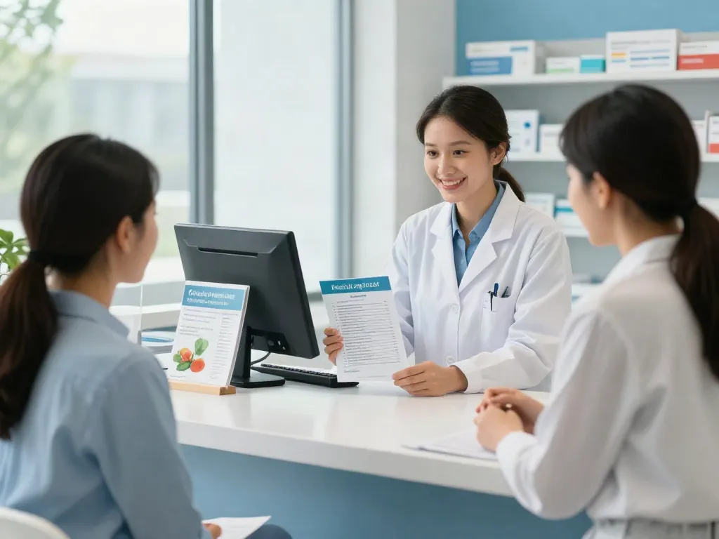 Pharmacy Weight Loss clinic with pharmacist providing care and support to a patient in a modern healthcare environment.