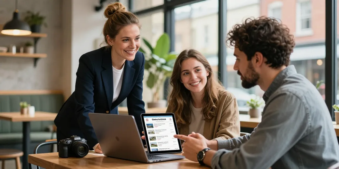 Engaging discussion on airbnb management manchester with a property manager and couple in a stylish café.