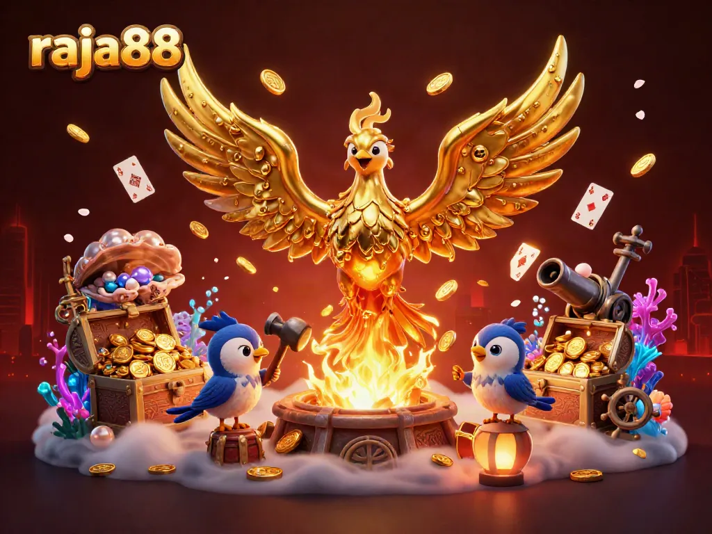 Engage with raja88's vibrant gaming world featuring a molten metal phoenix amidst a treasure-filled scene.