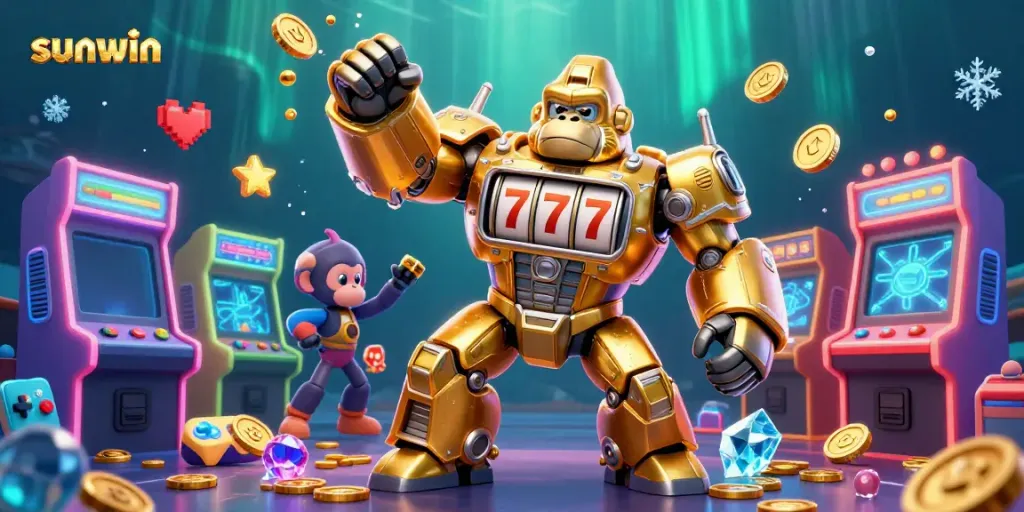 Experience the excitement of sunwin with a dynamic 3D illustration featuring a golden gorilla mech and various gaming elements.