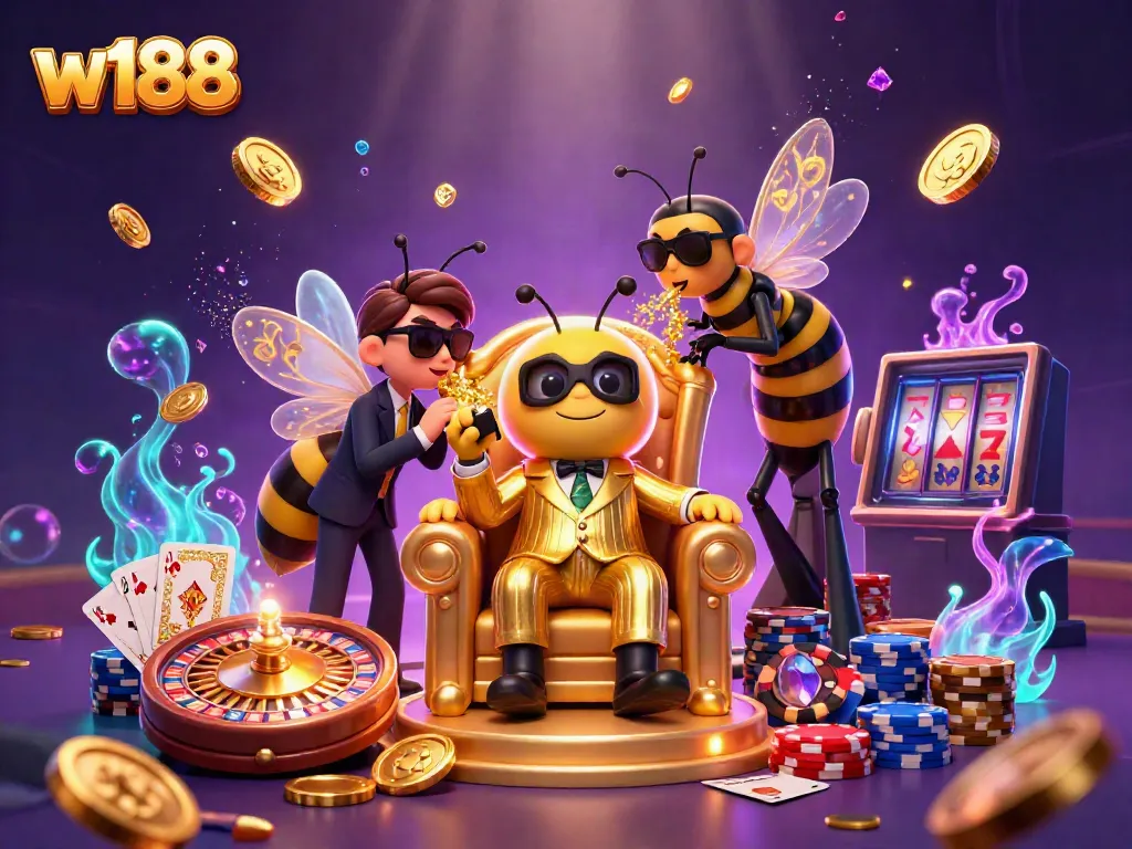 Experience the thrill of w188 with an engaging scene of a cartoon bumblebee mob boss amidst casino elements.