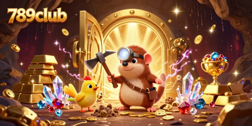 Unlock exciting gameplay at 789club, featuring a treasure hunter mole and dazzling gems in a vibrant casino setting.