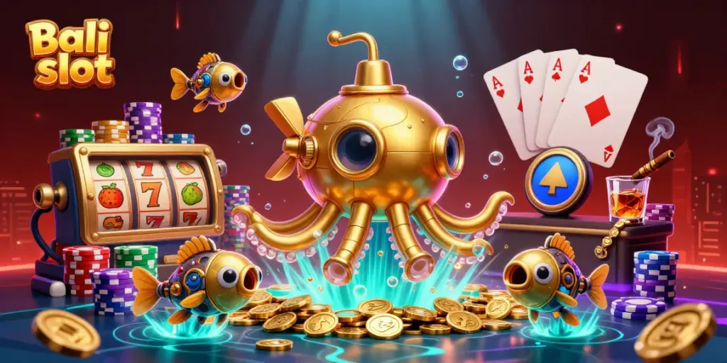 Engage in thrilling Bali slot gameplay with a 3D kraken submarine amidst vibrant casino elements.