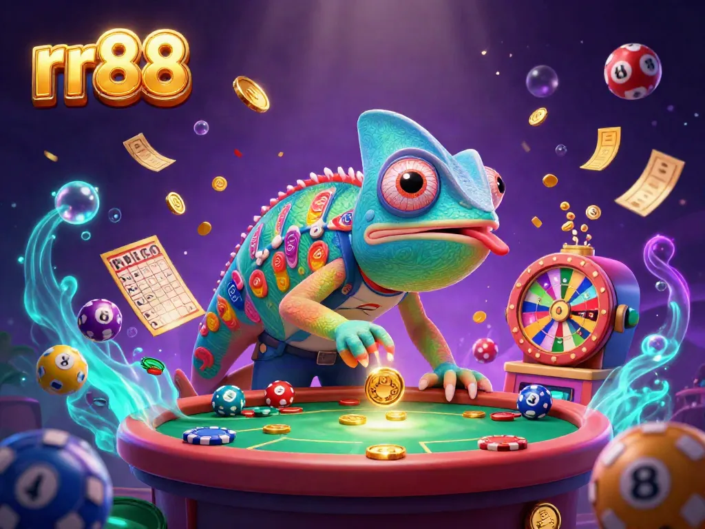 Experience the vibrant casino world with rr88 as a chameleon owner grabs golden coins amidst lottery balls and big wins.
