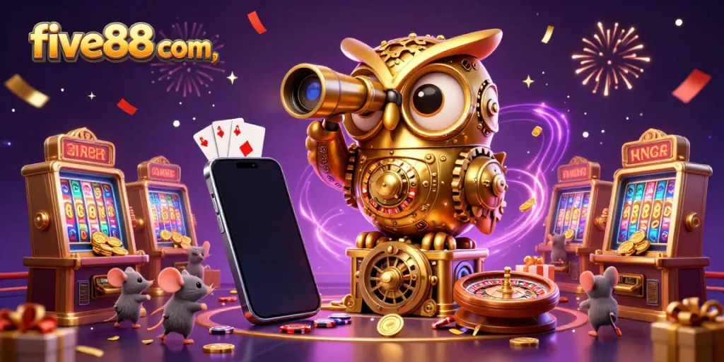 Experience the excitement of five88 com with a vibrant 3D casino scene showcasing a golden owl and playful mouse patrons.