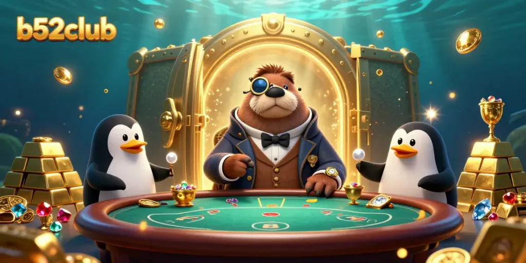 Experience the thrill of b52club with a vibrant underwater poker game scene featuring unique characters and treasure elements.