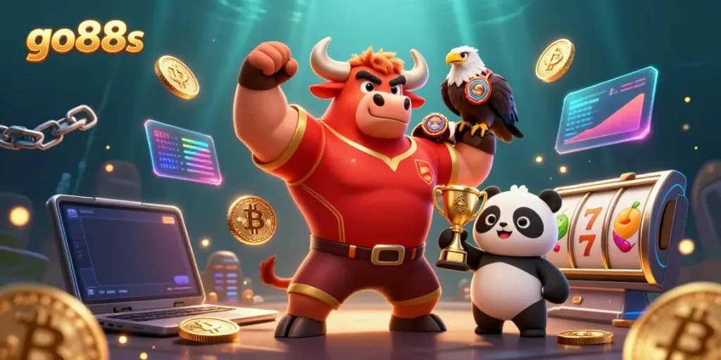 Join the energetic scene with go88s featuring a victorious mascot, eagle, and panda amid luminescent game coins.