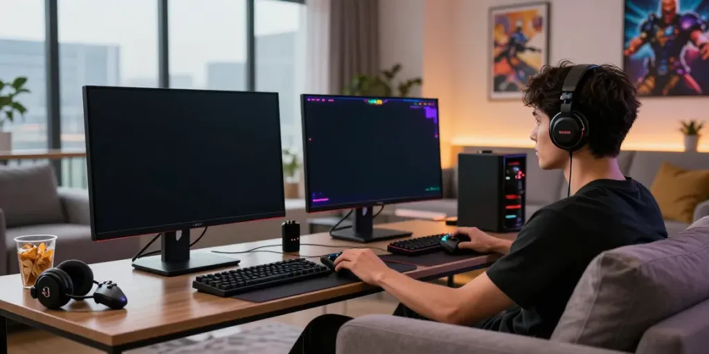 Engaged gamer enjoying online casinos non gamblock uk in a modern living room