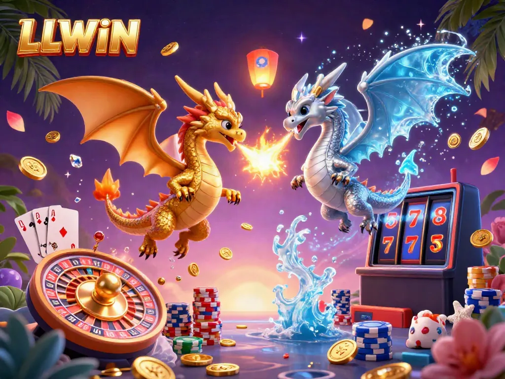 Join the excitement with LLWIN's dynamic casino illustration showcasing gold and silver dragons amid vibrant game elements.