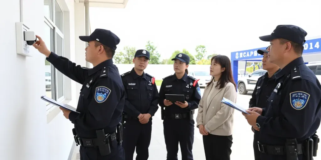Private Security services inspection by licensed professionals in a corporate environment, ensuring community safety.
