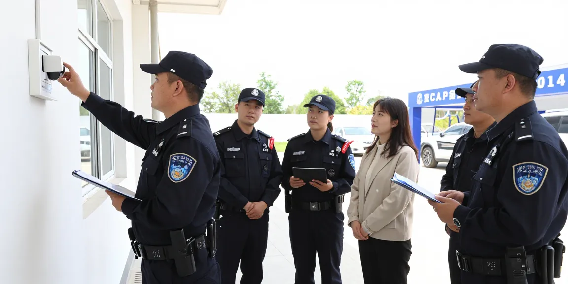 Private Security services inspection by licensed professionals in a corporate environment, ensuring community safety.