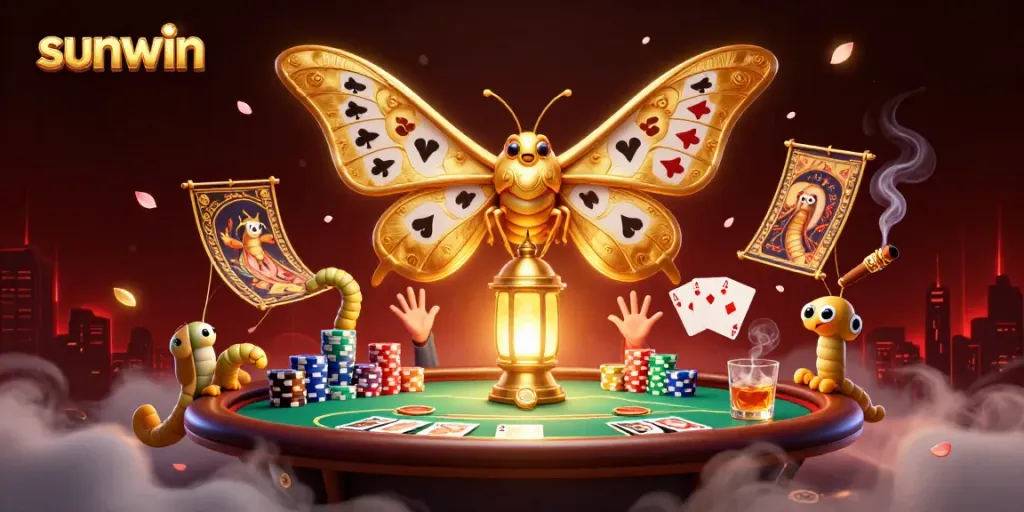 Engage in thrilling poker at sunwin as a majestic moth and its companions weave casino magic around vibrant chips and cards.