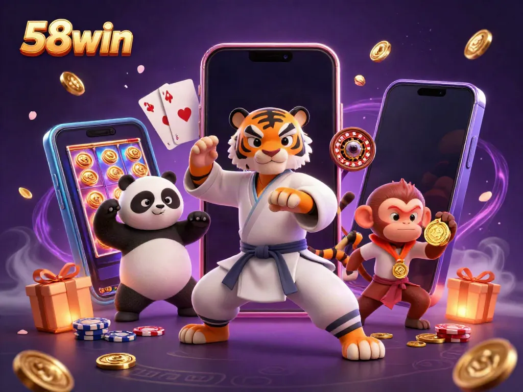 Experience thrilling gameplay with 58win's dynamic casino elements and engaging characters in a vibrant scene.