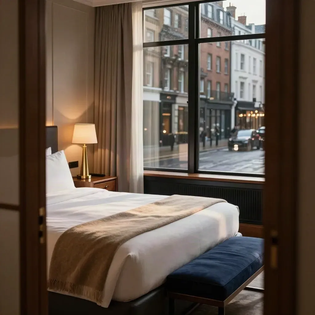 Warm London hotel king room with bed, lamp, throw and city view at dusk.