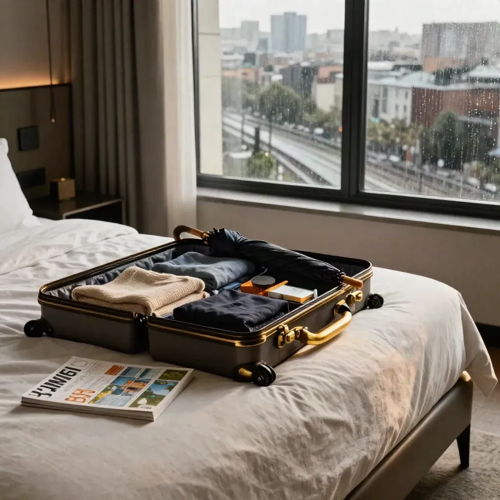 Rainy hotel room with packed carry-on, umbrella, guidebook, and skyline beyond the window.