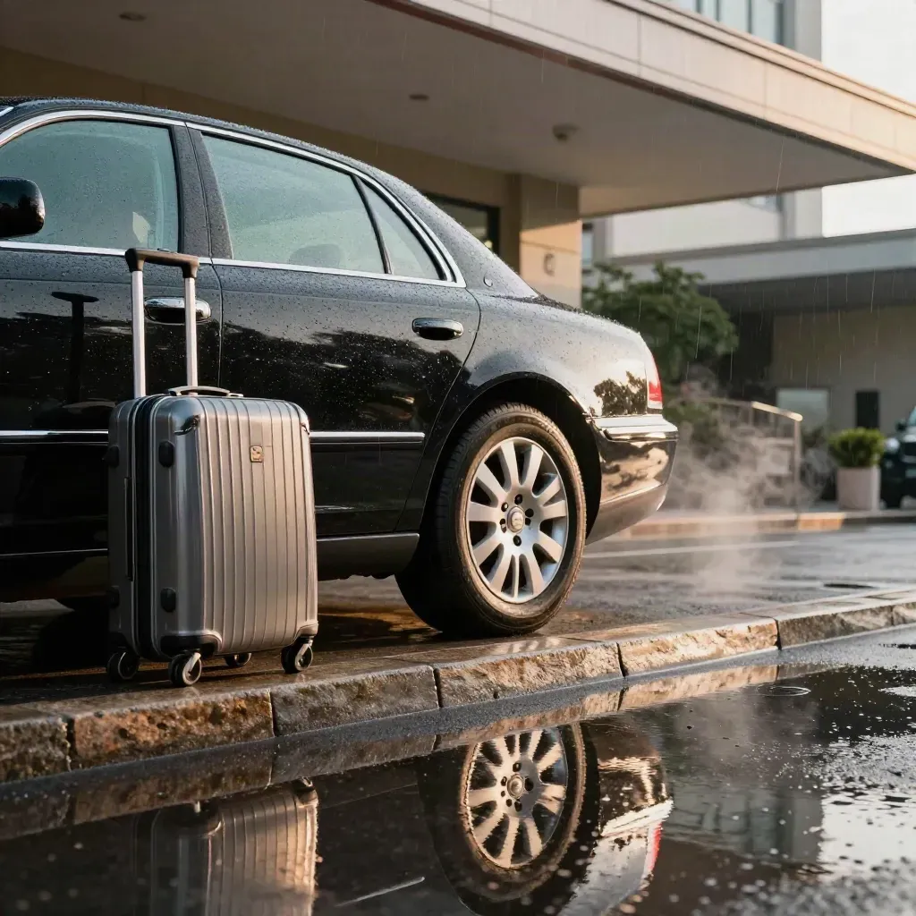 Black airport transfer car at a wet hotel curb with trolley and canopy reflections.