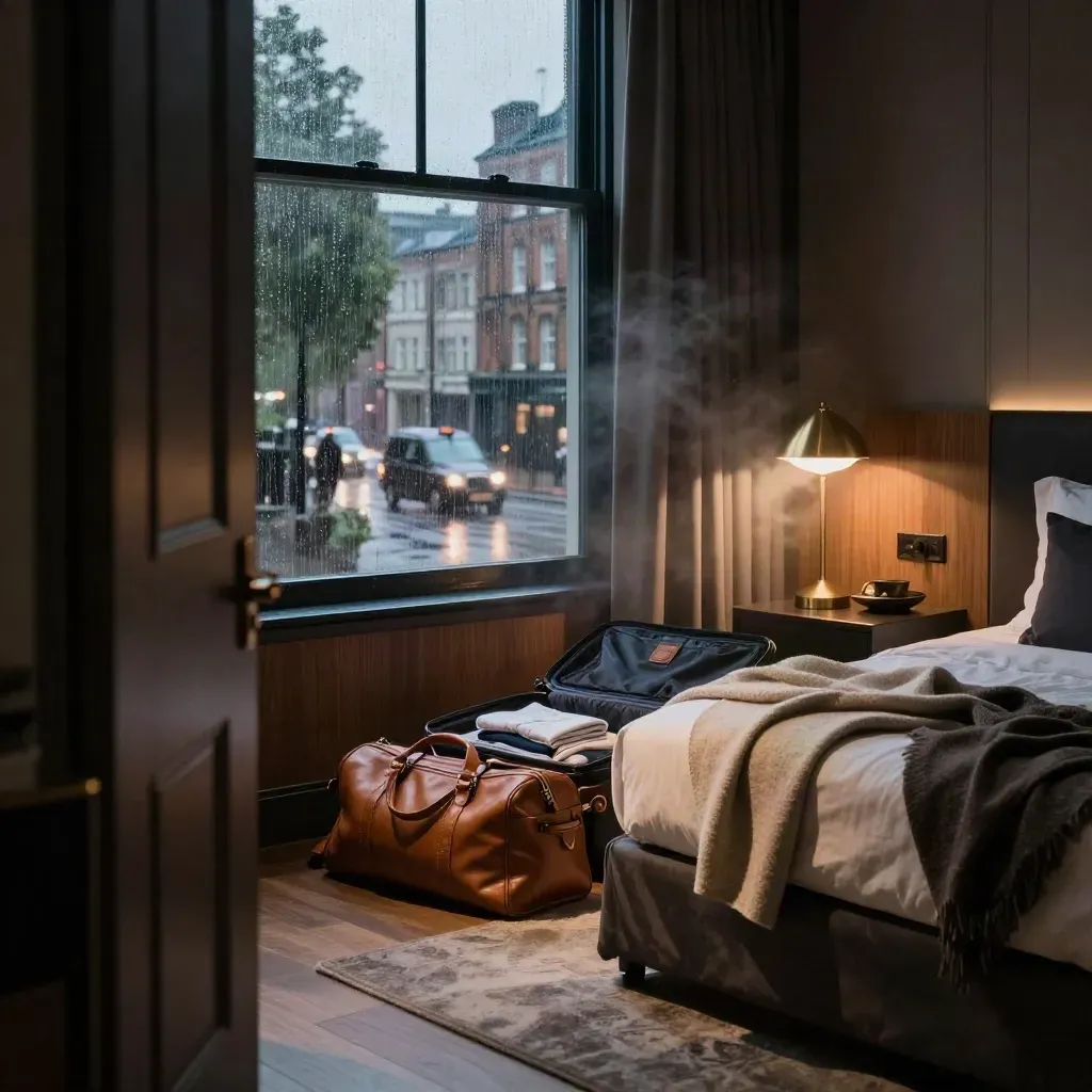 Rainy London hotel suite with open carry-on, brass lamp, and taxi glow at dusk.
