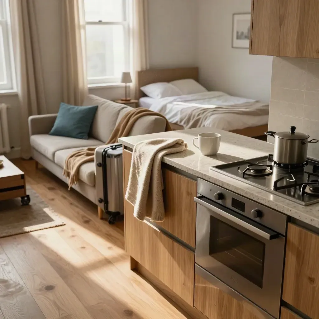 Cozy furnished apartment with sofa, blanket, mugs and suitcase in a sunlit living-kitchen corner.