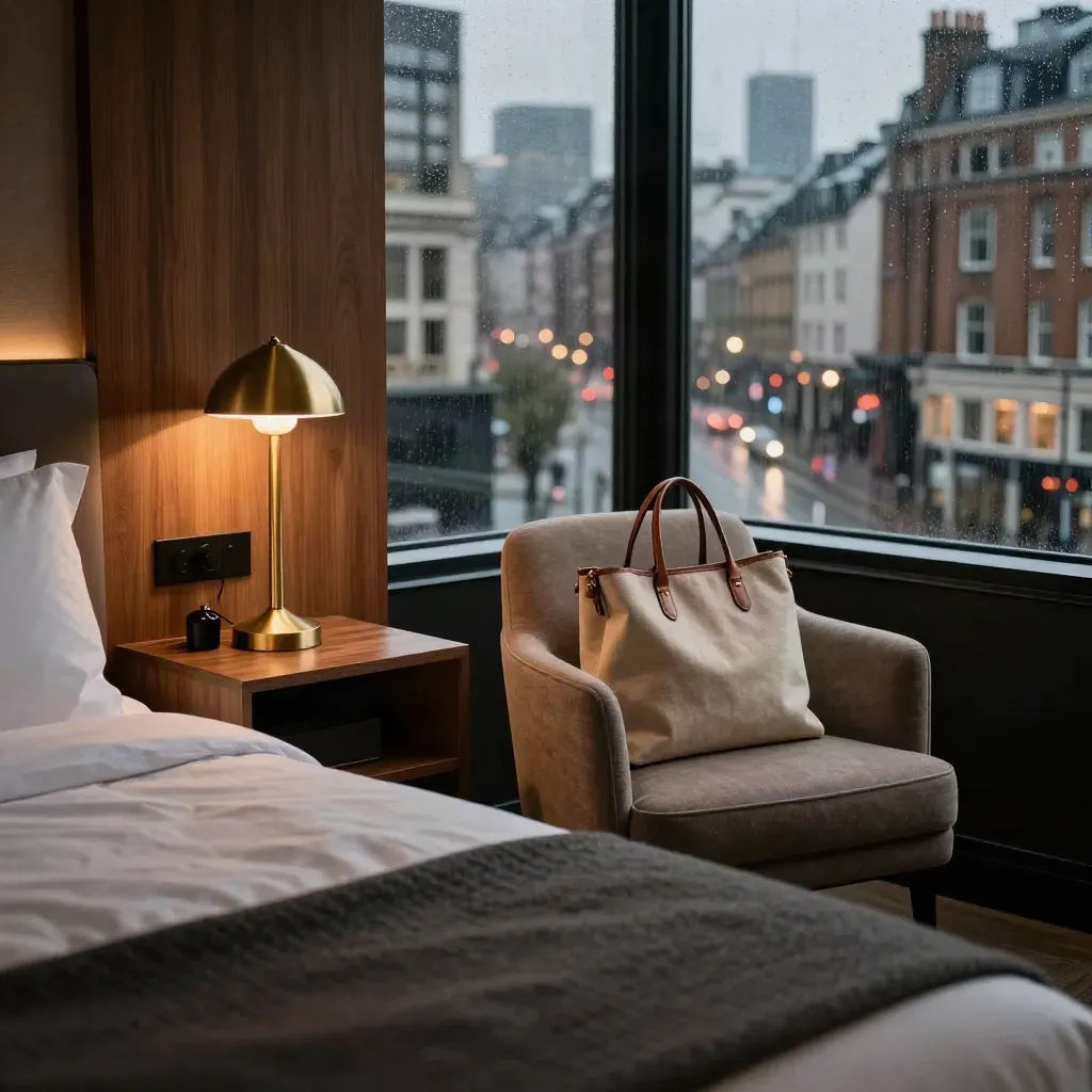London hotel room with glowing lamp, shopping tote, and rainy city lights at night.