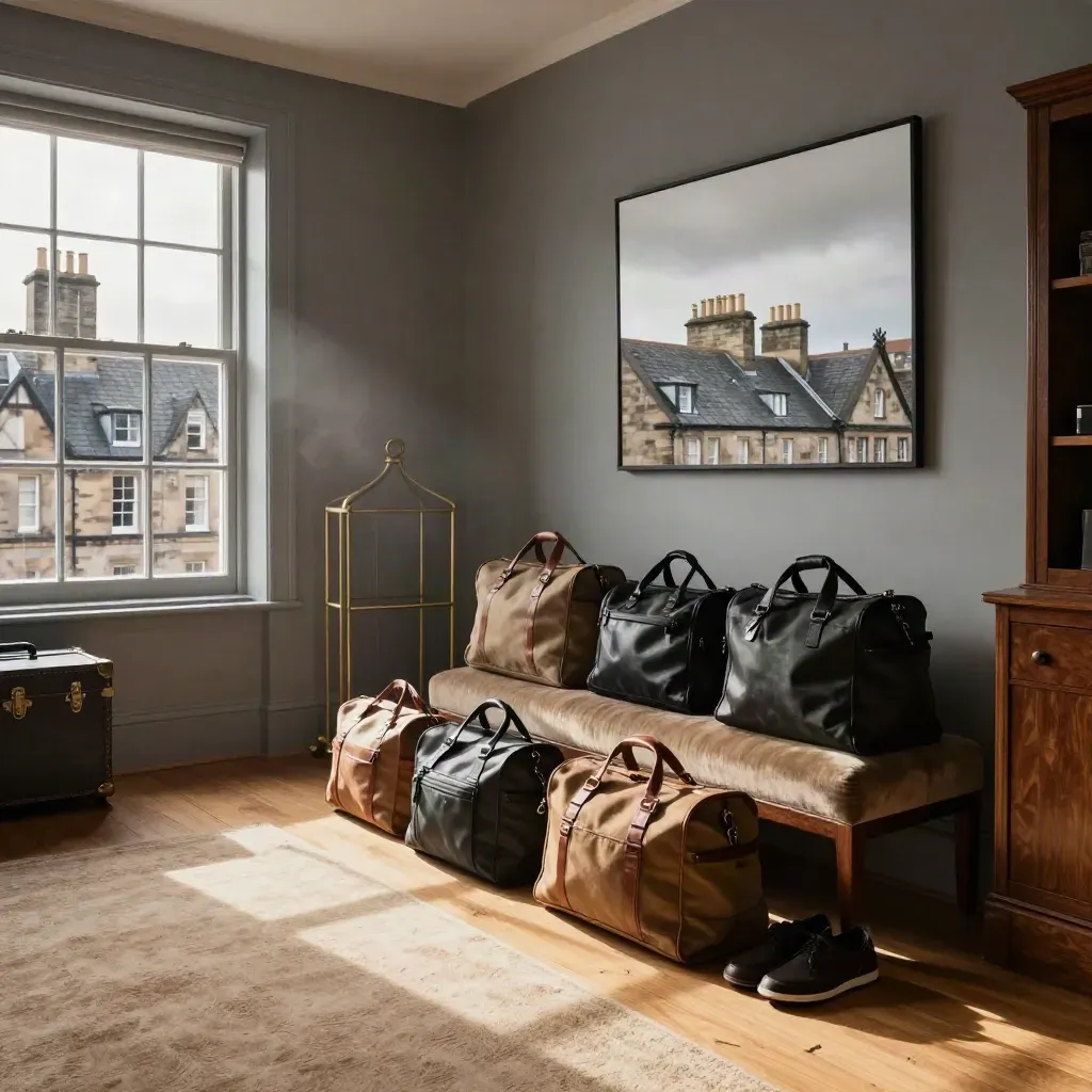Edinburgh townhouse suite with six overnight bags, stacked coats and tall windows over stone city views.
