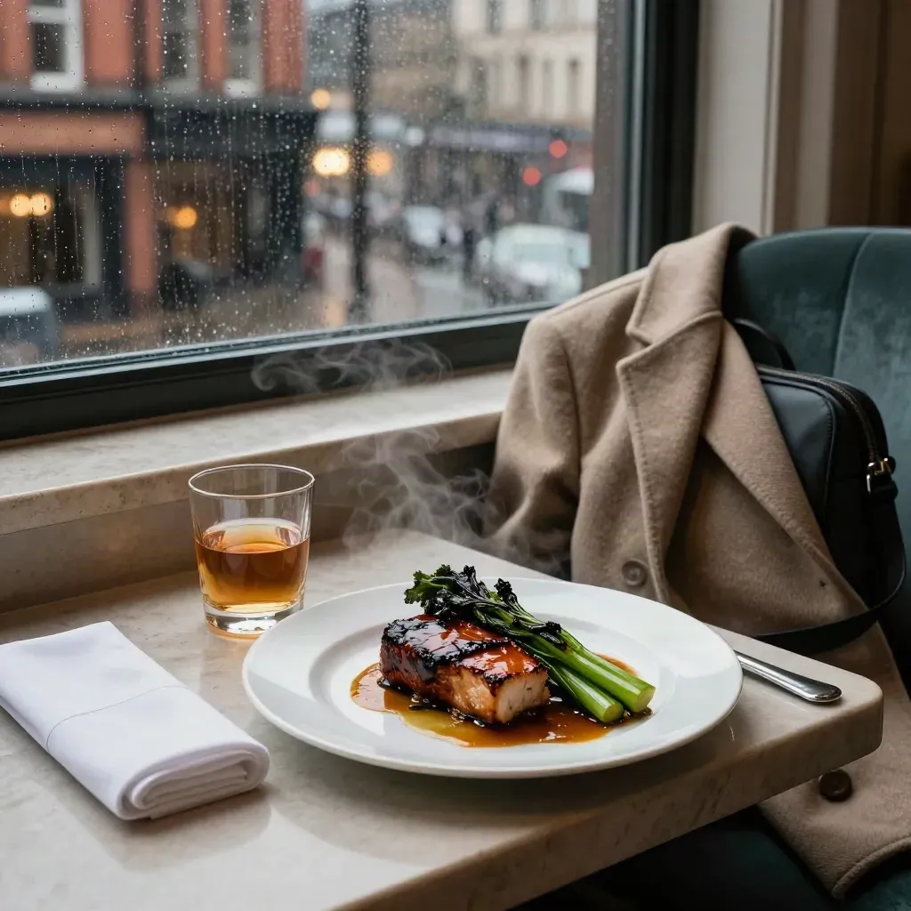 Rainy Manchester hotel room with dinner, coat on chair, and venue lights beyond the window.