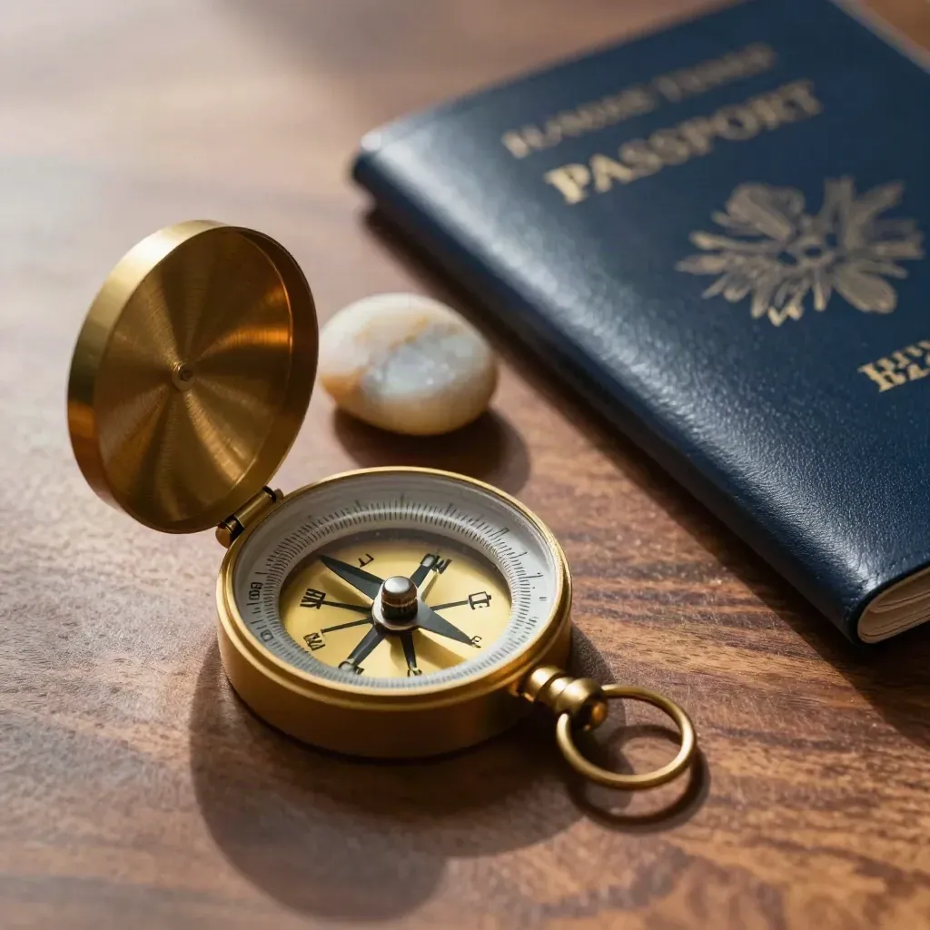 Macro still life of brass compass, stone paperweight and navy passport cover on walnut.