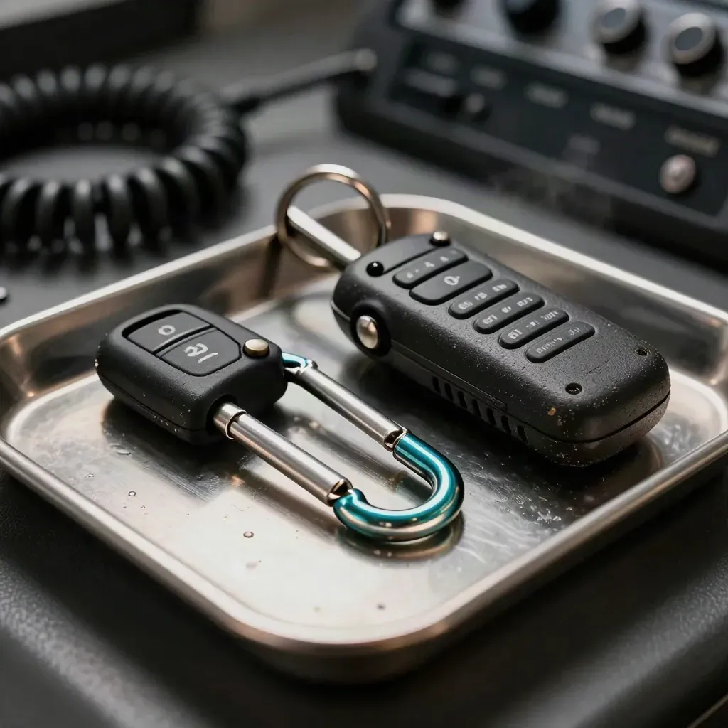 Black cab key fob, carabiner and radio handset on a steel tray in dramatic shadow