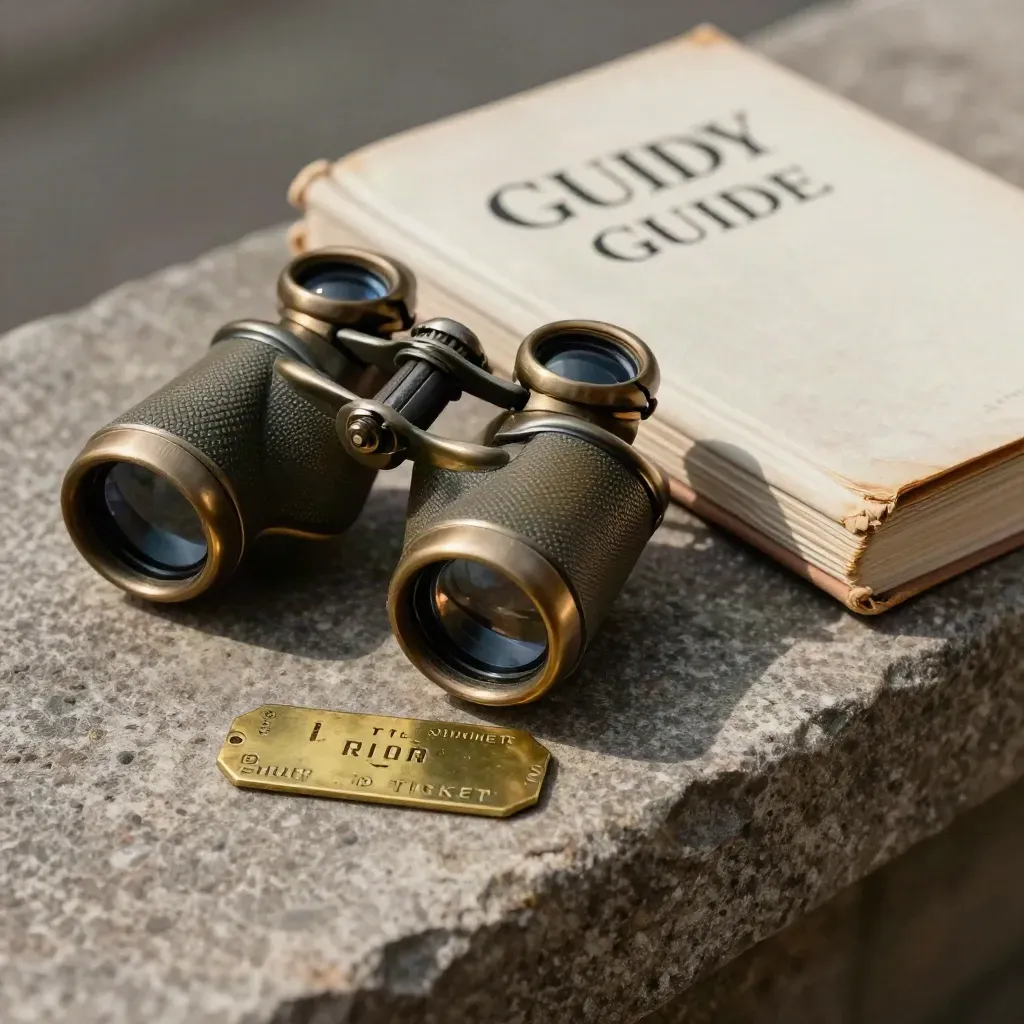 Brass route token, binoculars and closed guidebook on a stone ledge in warm light.