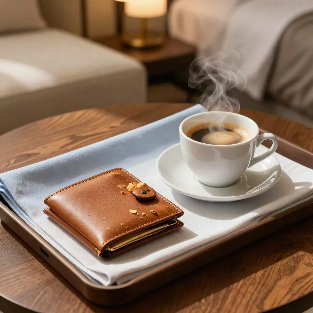 Room-service espresso, croissant and leather travel wallet on a hotel tray